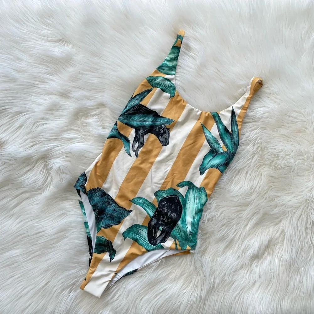 Tropical Leaf Print One Piece Swimsuit - Picture 1 of 5